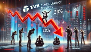 TCS share price drops amid stock market crash, showing a bearish trend with red downward arrows and concerned investors in the background